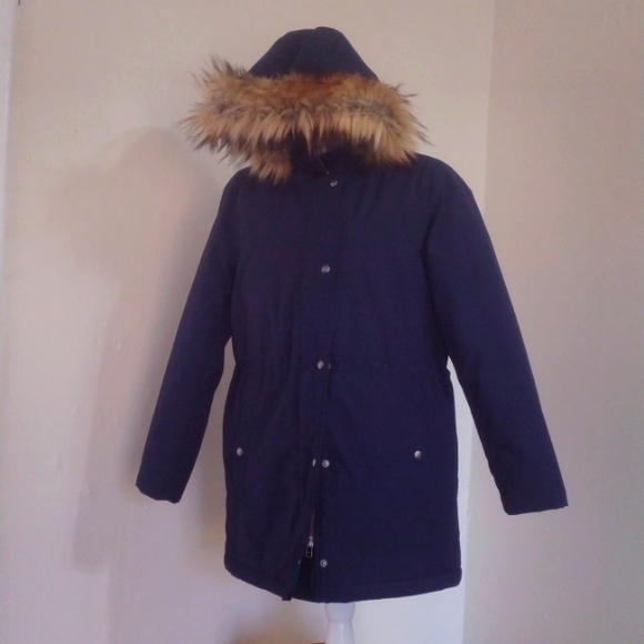 J Crew Factory Navy Faux Fur Trim Winter Parka Size M Like New - Picture 3 of 15